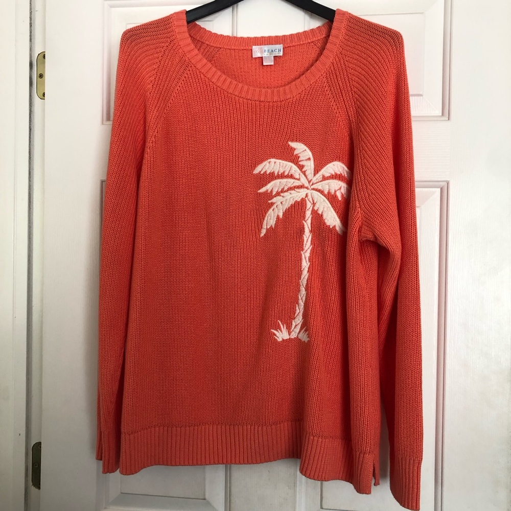 Belle Beach Kim Gravel Coral Crewneck Knit Sweater White Embroidered Palm Large